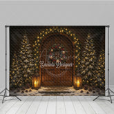 Aperturee - Aperturee Rustic Christmas Front Door Photography Backdrop Snowy Porch with Garland and Lanterns Holiday Photo Background